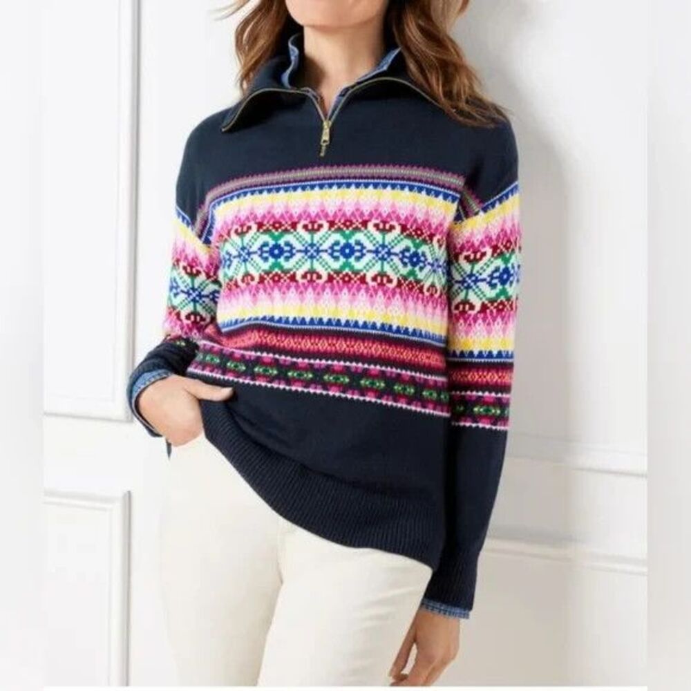 Talbots Petites 1/4-Zip Black Colorful Nordic Fair Isle Wool Blend Sweater SP